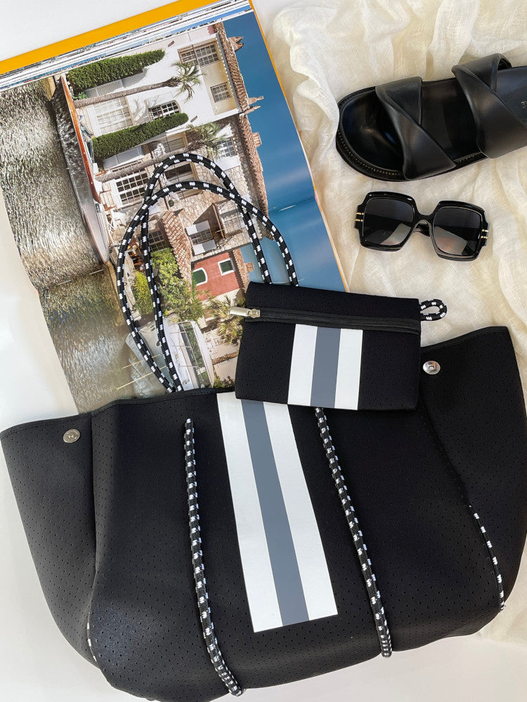Neoprene Bag Vegan Tote Piece Set Stripe Black Grey