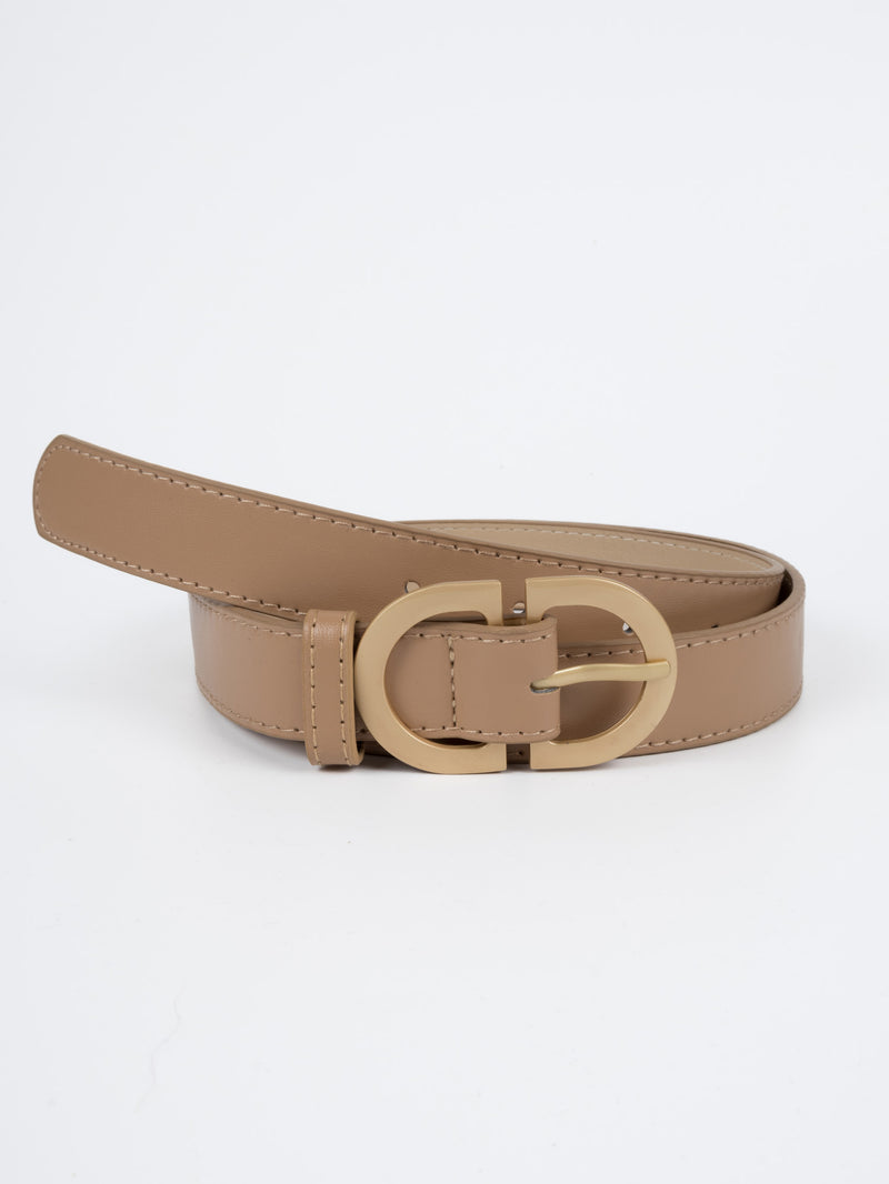 Vegan PU Leather Belt - Paris - Double Buckle - Gold / Beige - 106cm