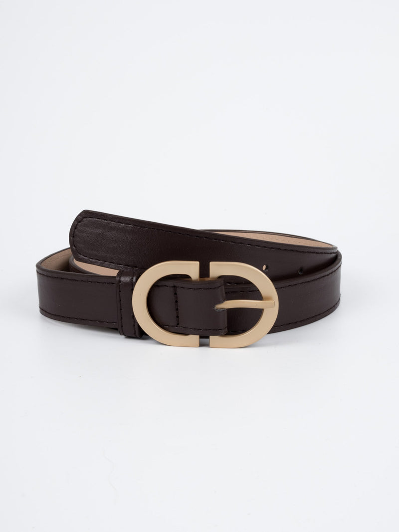 Vegan PU Leather Belt - Paris - Double Buckle - Gold / Coffee - 106cm