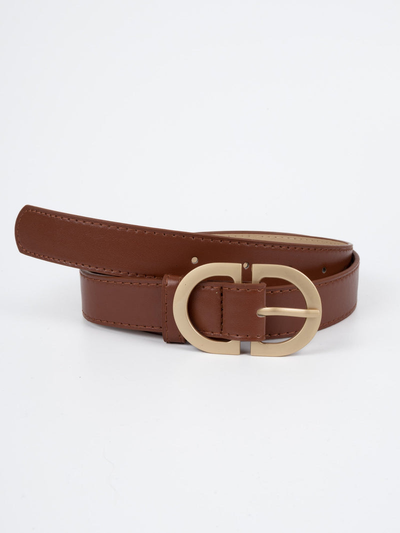 Vegan PU Leather Belt - Paris - Double Buckle - Gold / Brown - 106cm