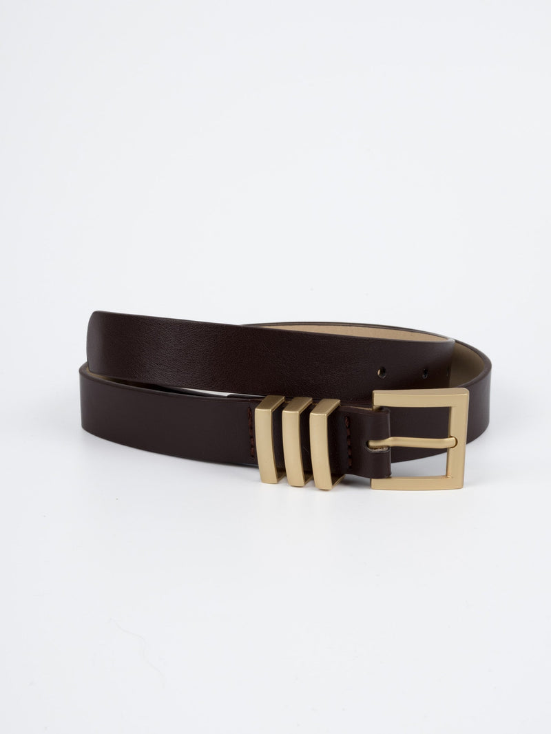 Vegan PU Leather Belt - Marseille - Chunky Square Buckle - Gold / Coffee - 105cm