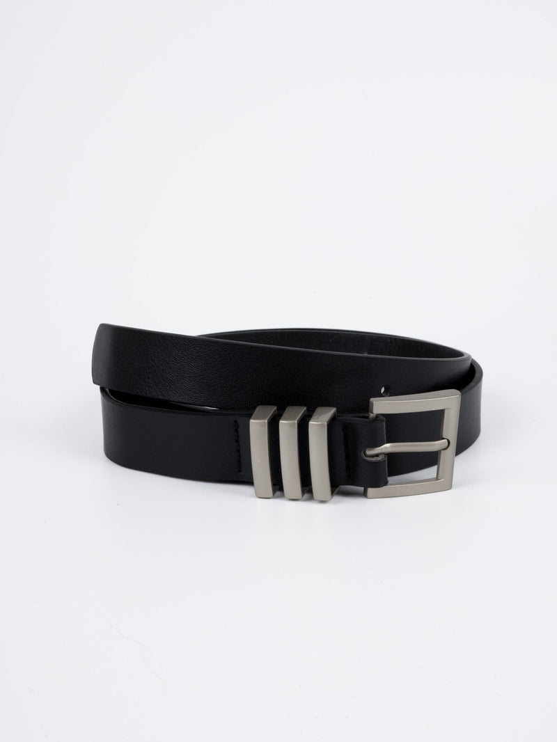 Vegan PU Leather Belt - Marseille - Chunky Square Buckle - Silver / Black - 105cm