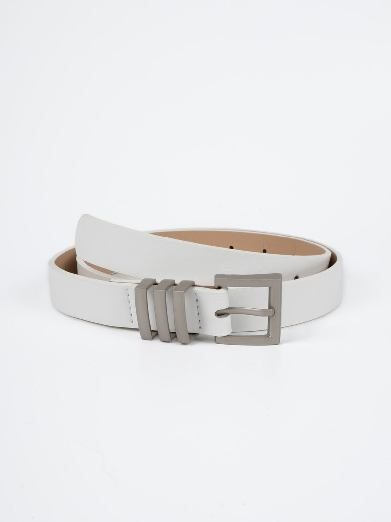Vegan PU Leather Belt - Marseille - Chunky Square Buckle - Silver / White - 105cm