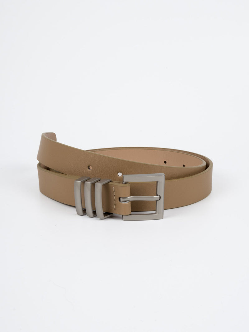 Vegan PU Leather Belt - Marseille - Chunky Square Buckle - Silver / Beige - 105cm
