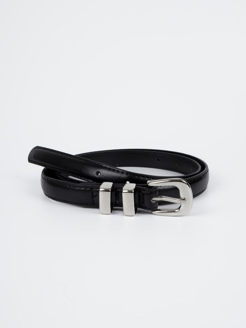 Vegan PU Leather Belt - Lyon - Narrow Buckle - Silver / Black - 106cm