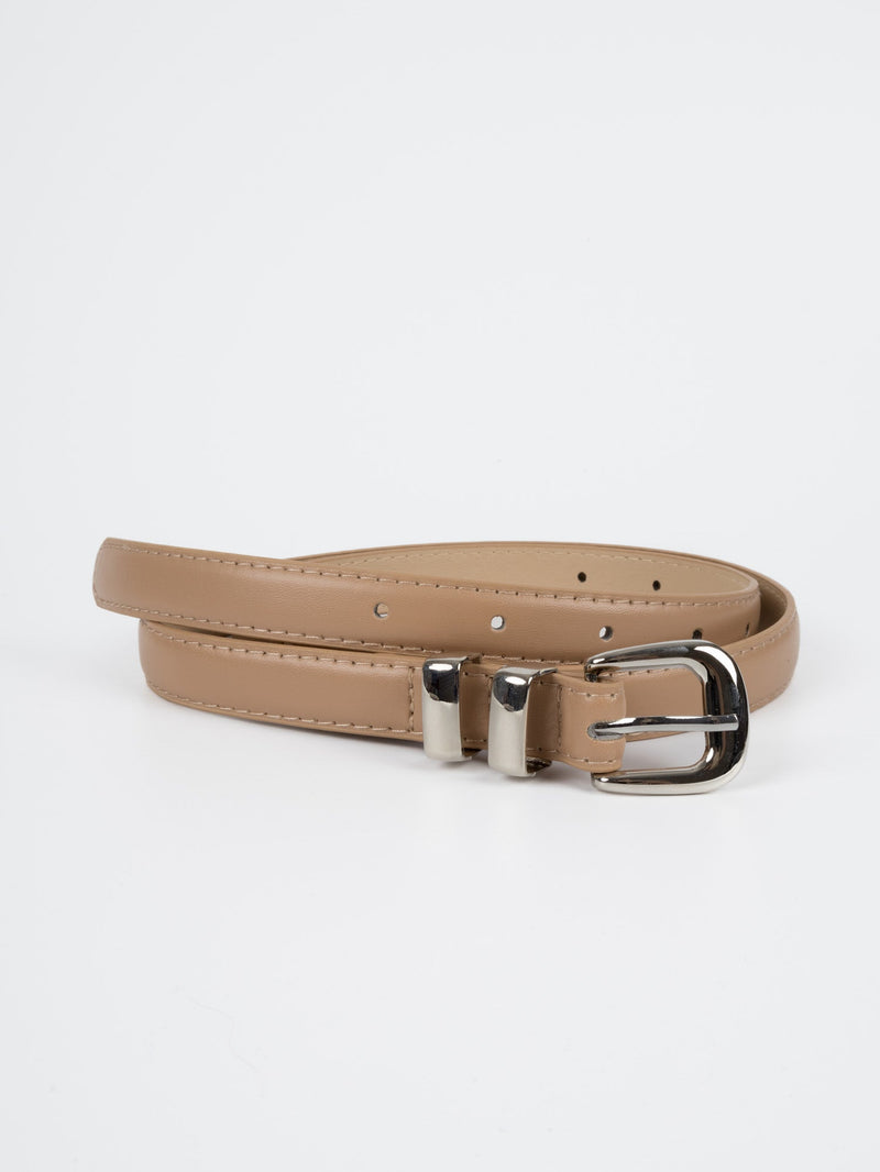 Vegan PU Leather Belt - Lyon - Narrow Buckle - Silver / Beige - 106cm