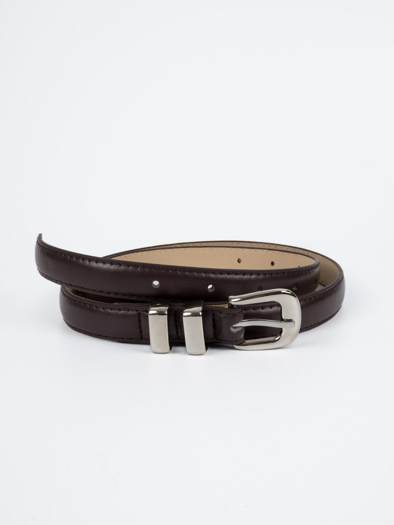 Vegan PU Leather Belt - Lyon - Narrow Buckle - Silver / Brown - 106cm