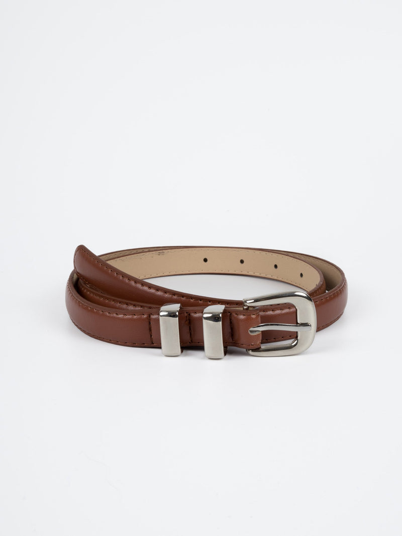 Vegan PU Leather Belt - Lyon - Narrow Buckle - Silver / Tan - 106cm