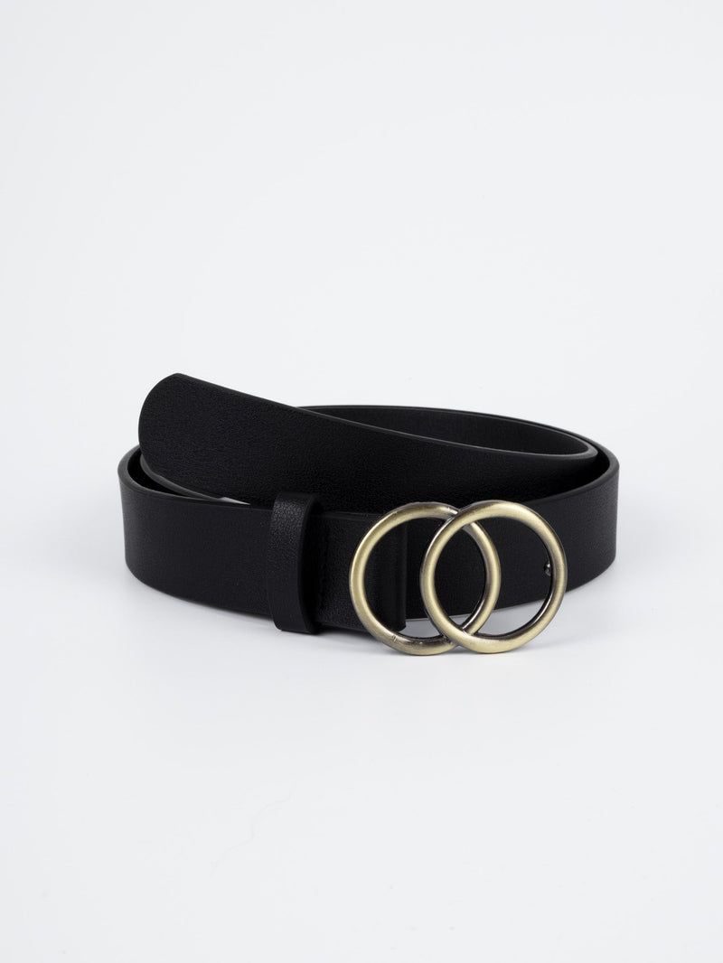 Vegan PU Leather Belt - Montpellier - Double Ring Buckle - Gold / Black - 105cm