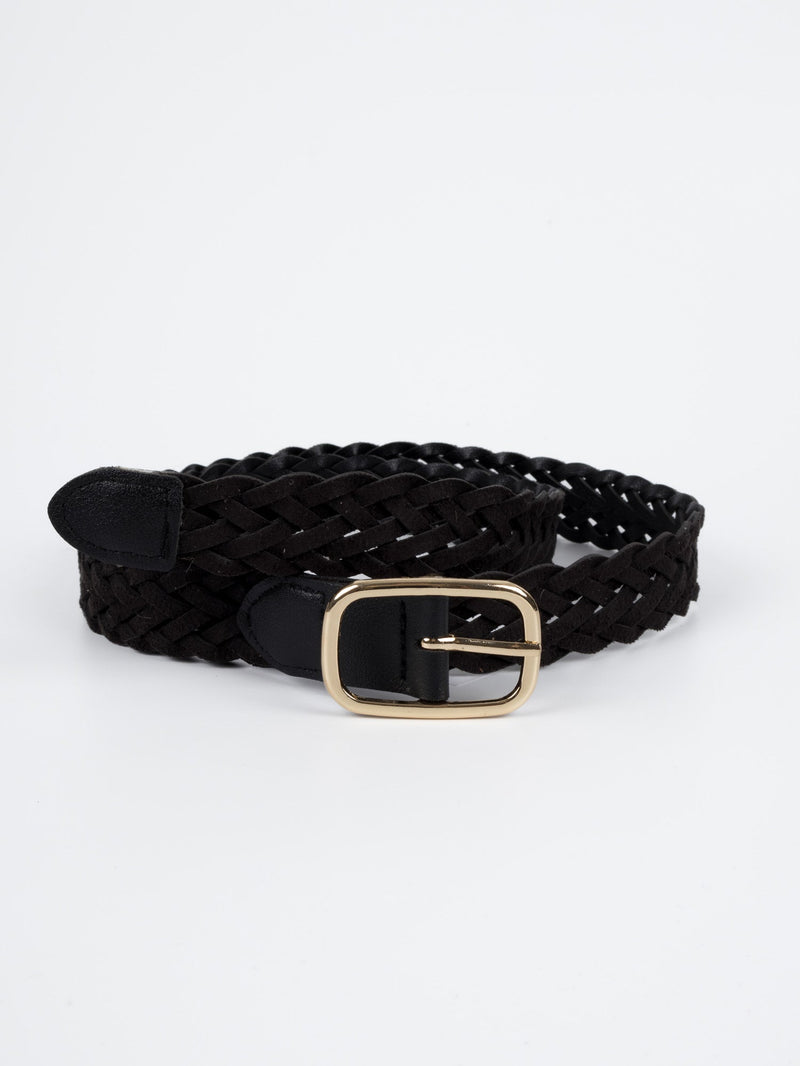 Vegan PU Leather Belt - Rennes - Plaited Rectangle Buckle - Gold / Black - 108cm