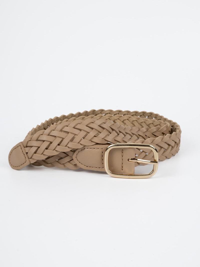 Vegan PU Leather Belt - Rennes - Plaited Rectangle Buckle - Gold / Beige - 108cm