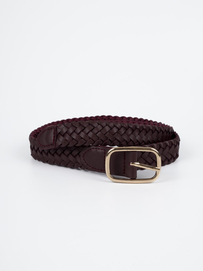 Vegan PU Leather Belt - Rennes - Plaited Rectangle Buckle - Gold / Wine - 108cm