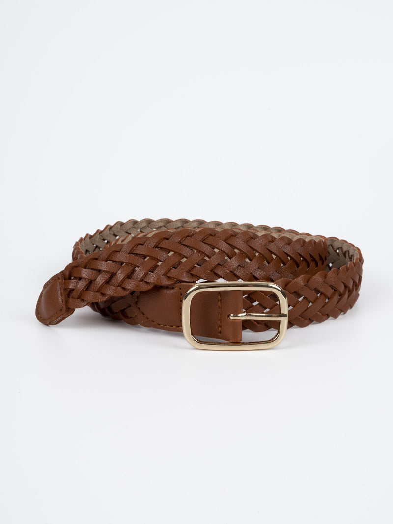 Vegan PU Leather Belt - Rennes - Plaited Rectangle Buckle - Gold / Tan - 108cm
