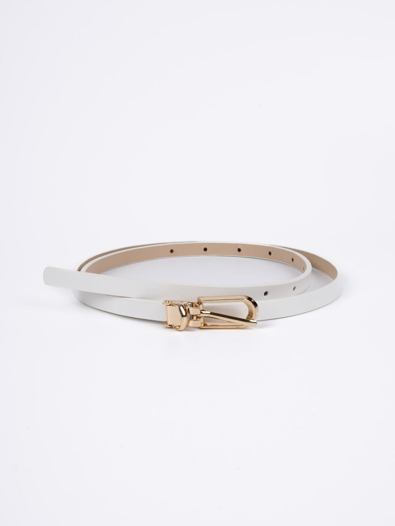 Vegan PU Leather Belt - Le Havre - Classic Thin Long Buckle - Gold / White - 105cm