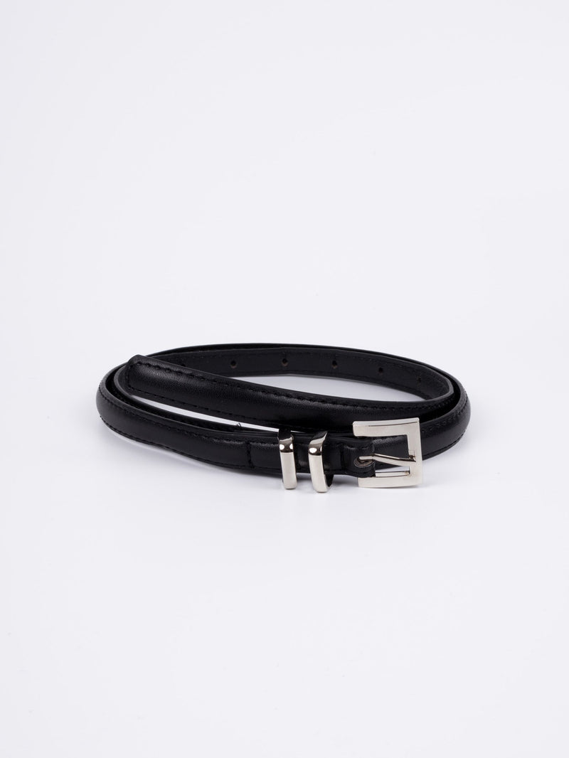 Vegan PU Leather Belt - Toulon - Classic Thin Square Buckle - Silver / Black - 104cm