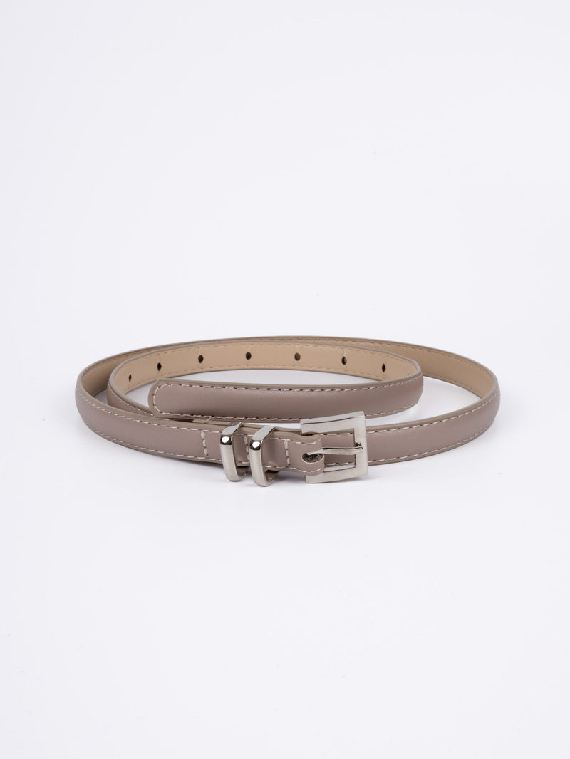 Vegan PU Leather Belt - Toulon - Classic Thin Square Buckle - Silver / Taupe - 104cm
