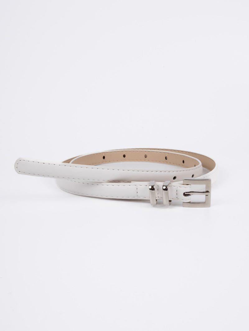 Vegan PU Leather Belt - Toulon - Classic Thin Square Buckle - Silver / White - 104cm