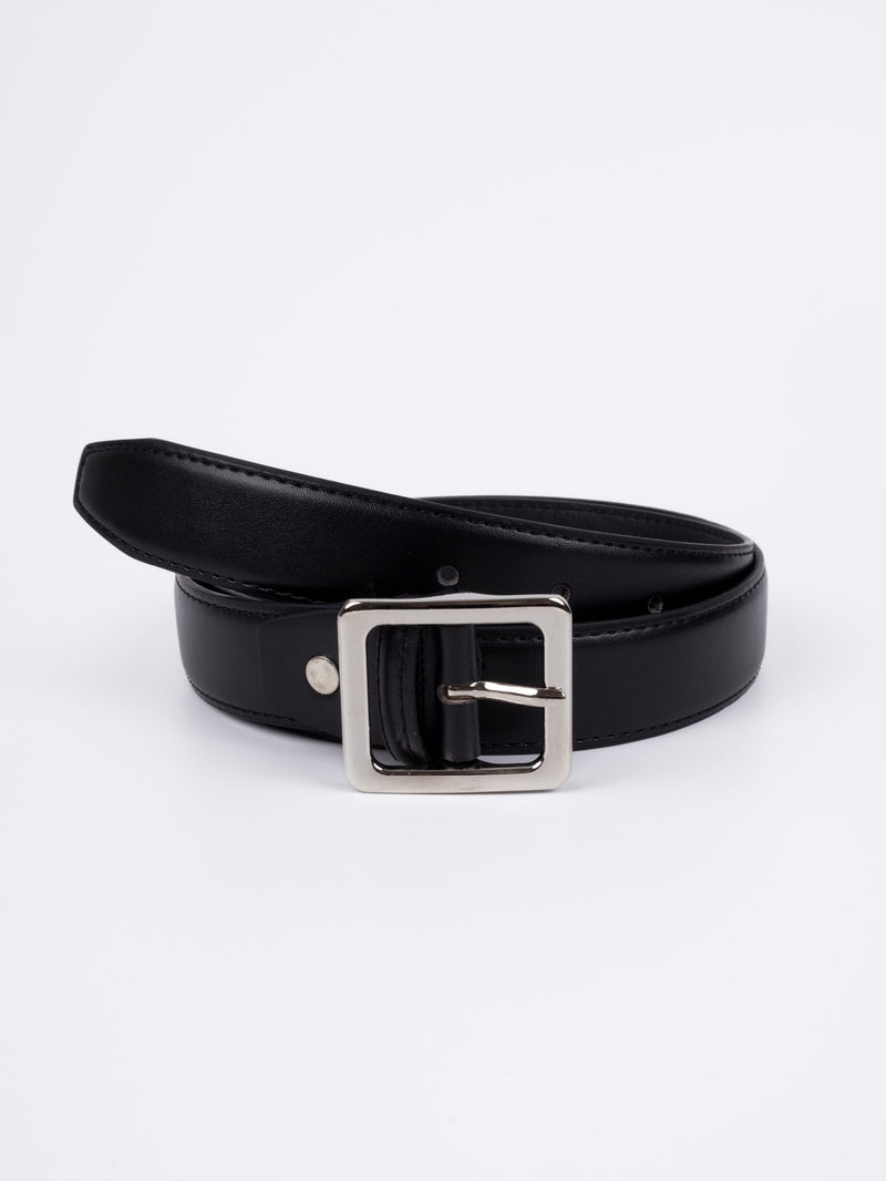 Vegan PU Leather Belt - Amiens - Square Buckle - Silver / Black - 107cm