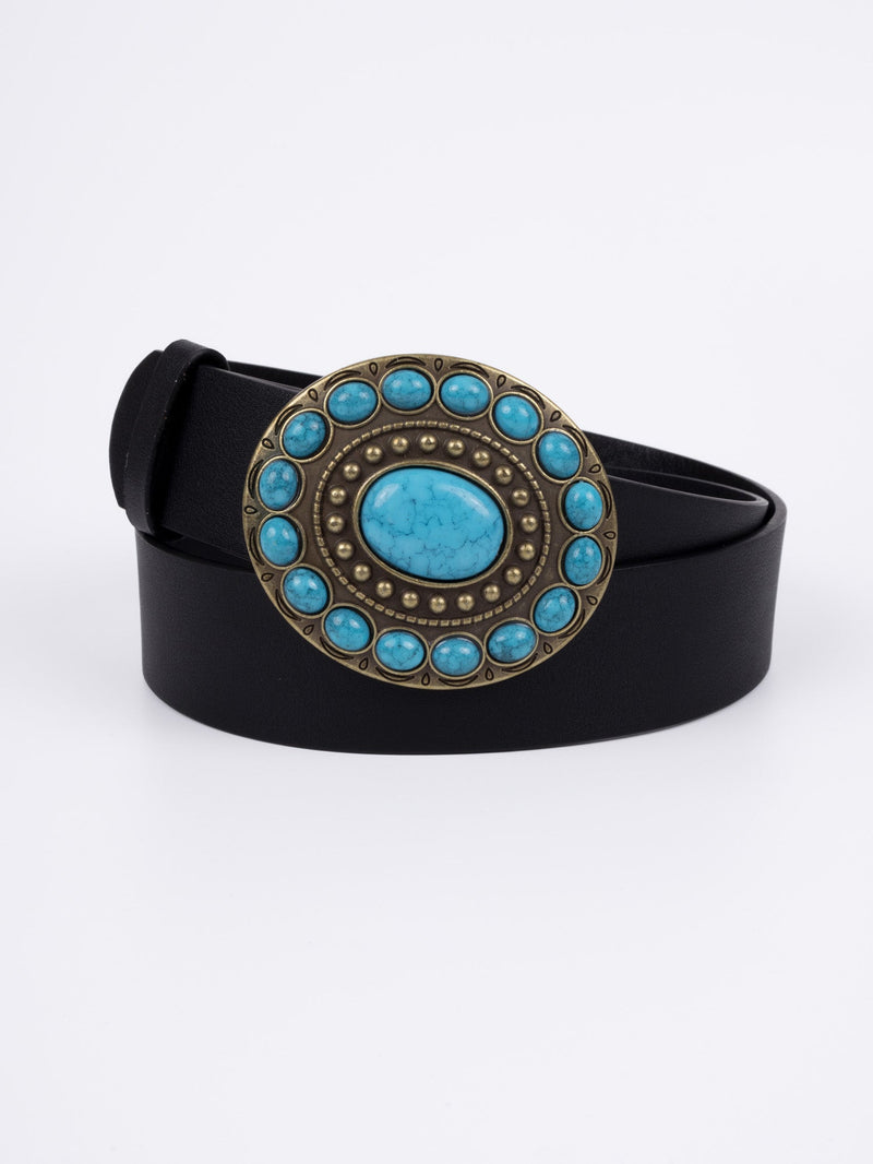 Vegan PU Leather Belt - Caen - Turquoise Round Boho Buckle - Gold / Black - 110cm