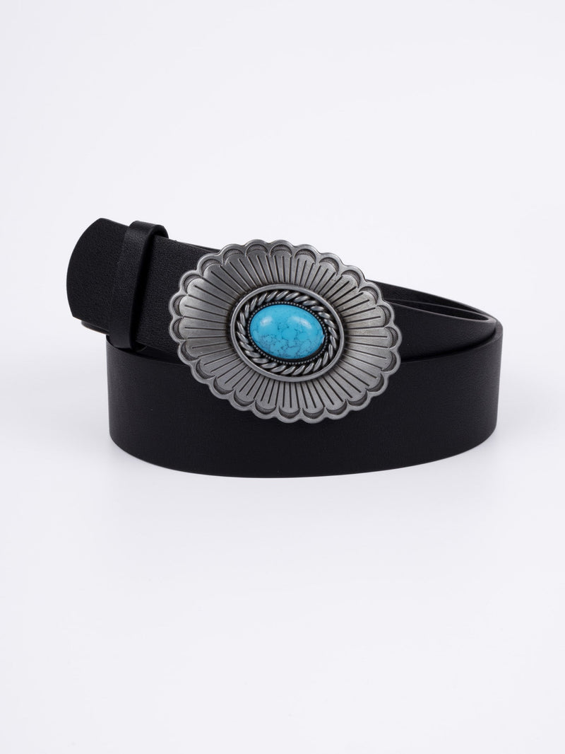 Vegan PU Leather Belt - Caen - Turquoise Round Boho Buckle - Silver / Black- 110cm
