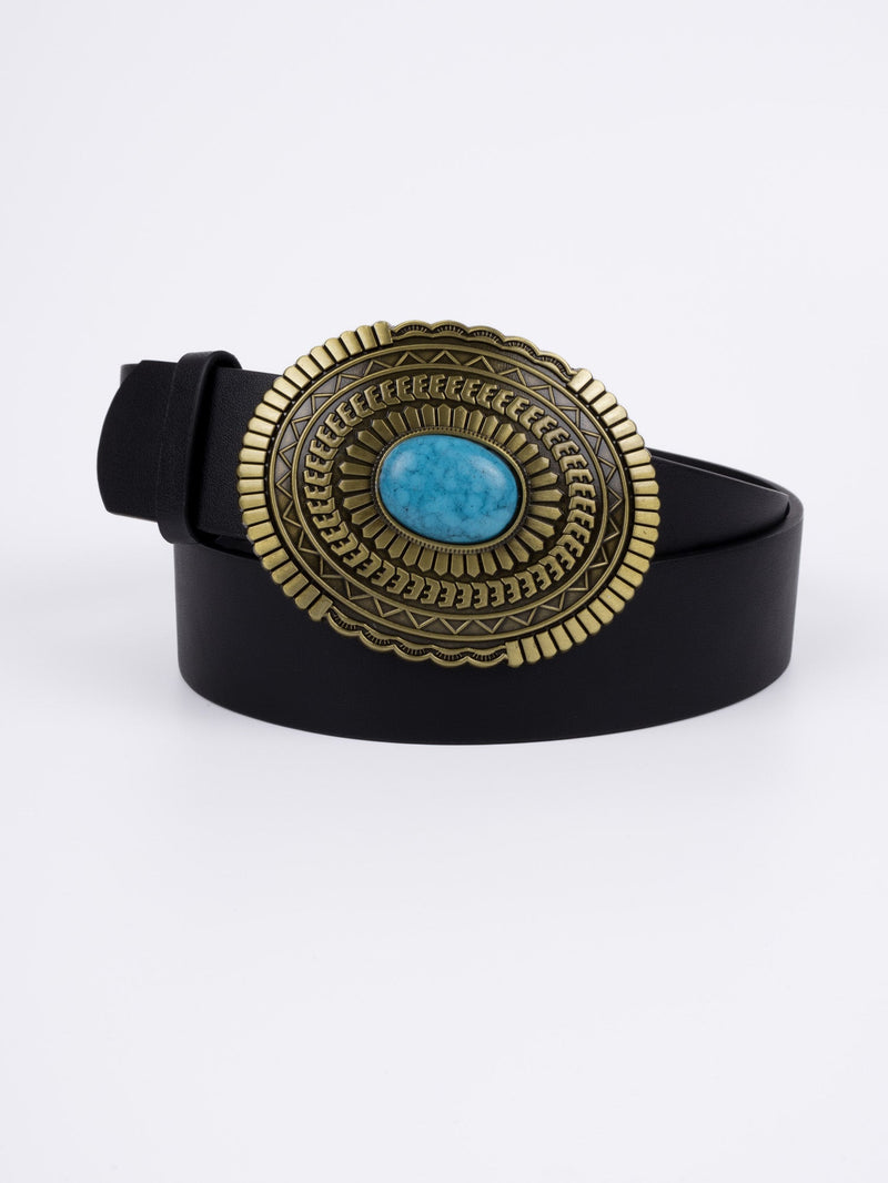 Vegan PU Leather Belt - Caen - Turquoise Round Boho Buckle - Gold / Black - 110cm