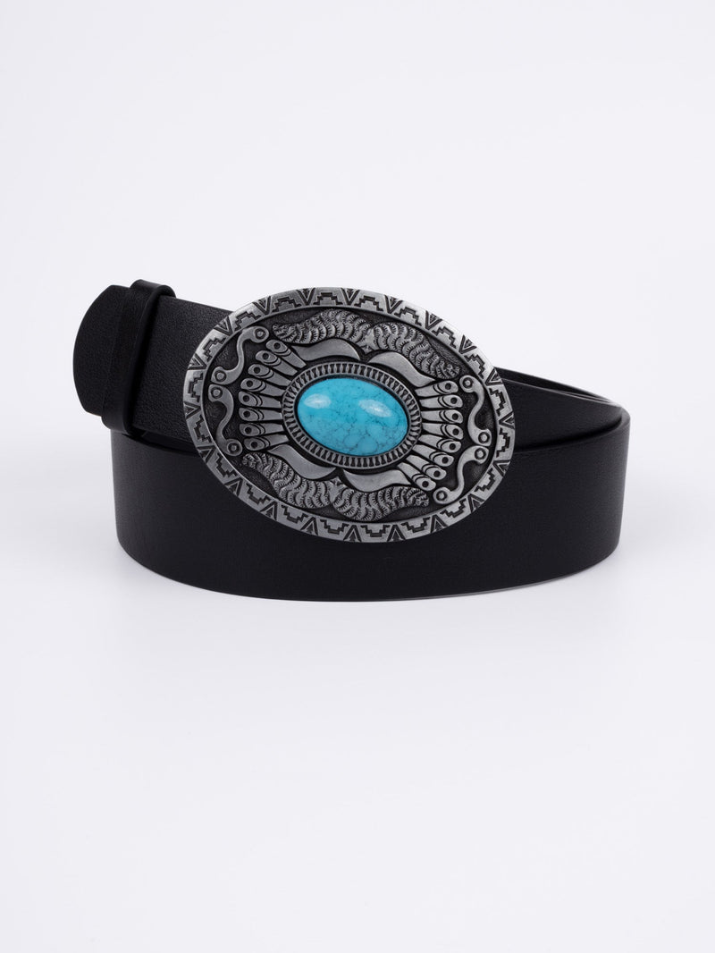 Vegan PU Leather Belt - Caen - Turquoise Round Boho Pattern Buckle - Silver / Black - 110cm