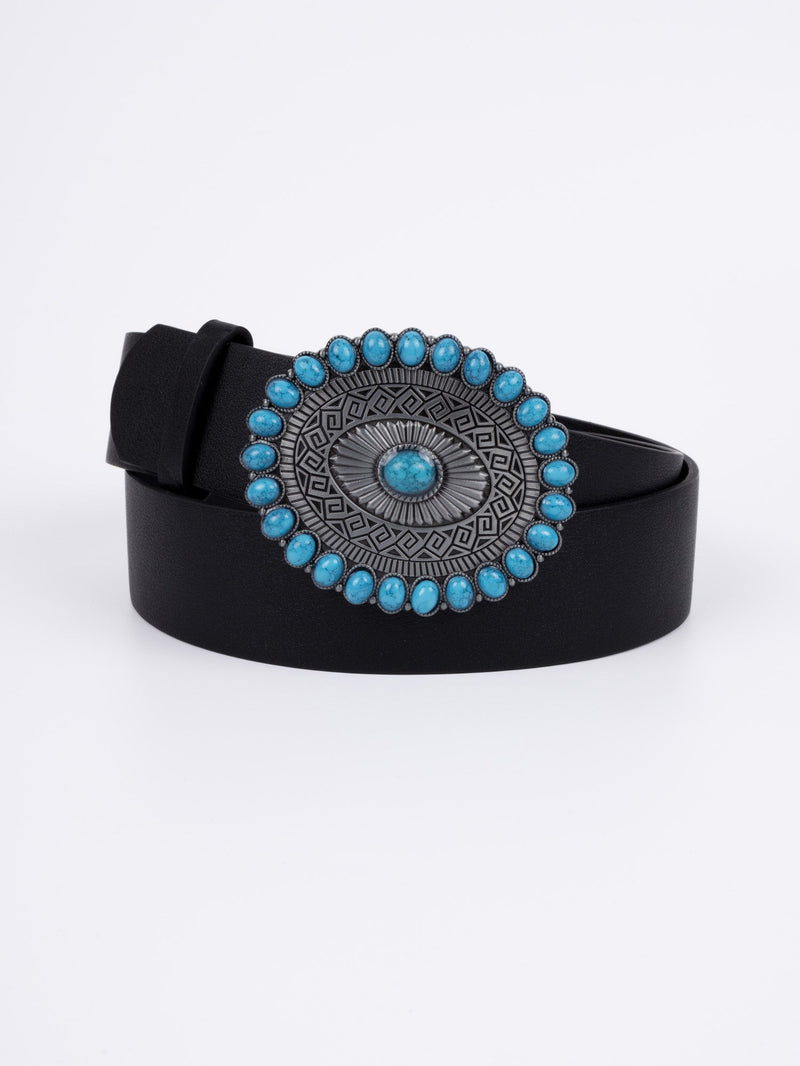 Vegan PU Leather Belt - Caen - Turquoise Round Boho Gemstone Buckle - Silver / Black - 110cm