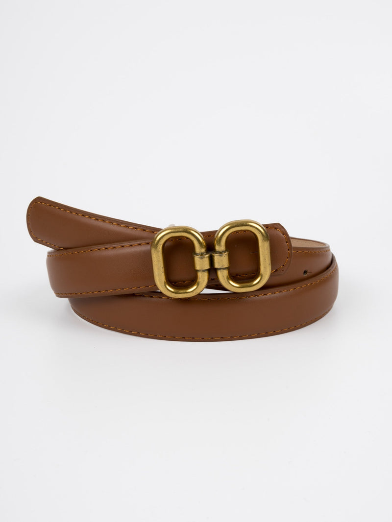 Vegan PU Leather Belt - Roubaix - Double Linked Oval Buckle - Gold / Tan - 102cm