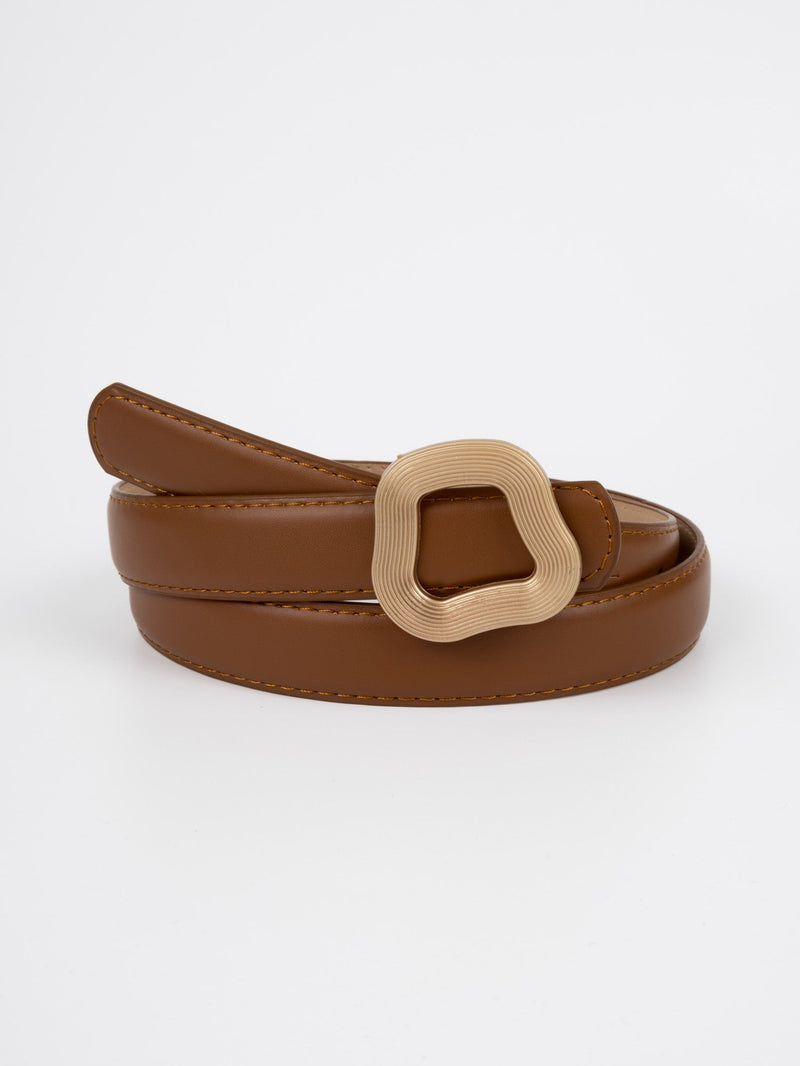 Vegan PU Leather Belt - Nanterre - Irregular Buckle - Gold / Tan - 102cm