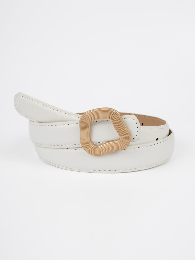 Vegan PU Leather Belt - Nanterre - Irregular Buckle - Gold / White - 102cm