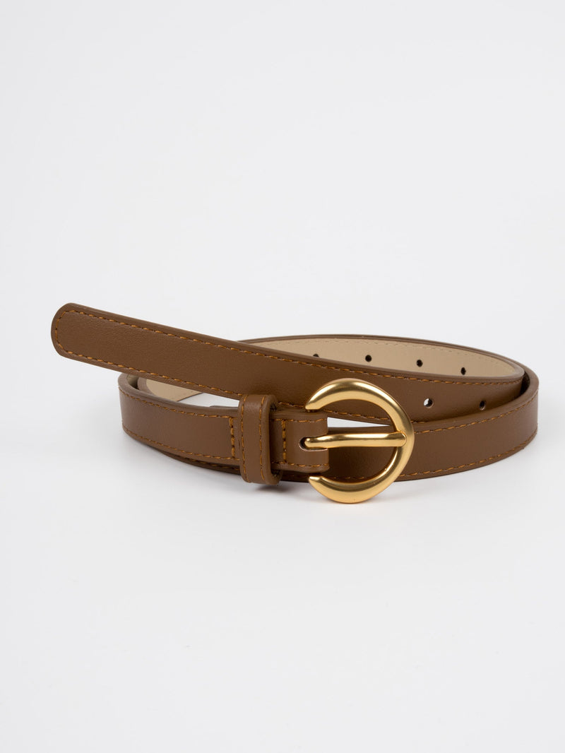 Vegan PU Leather Belt - Cannes - Classic Curved Buckle - Gold / Tan - 106cm