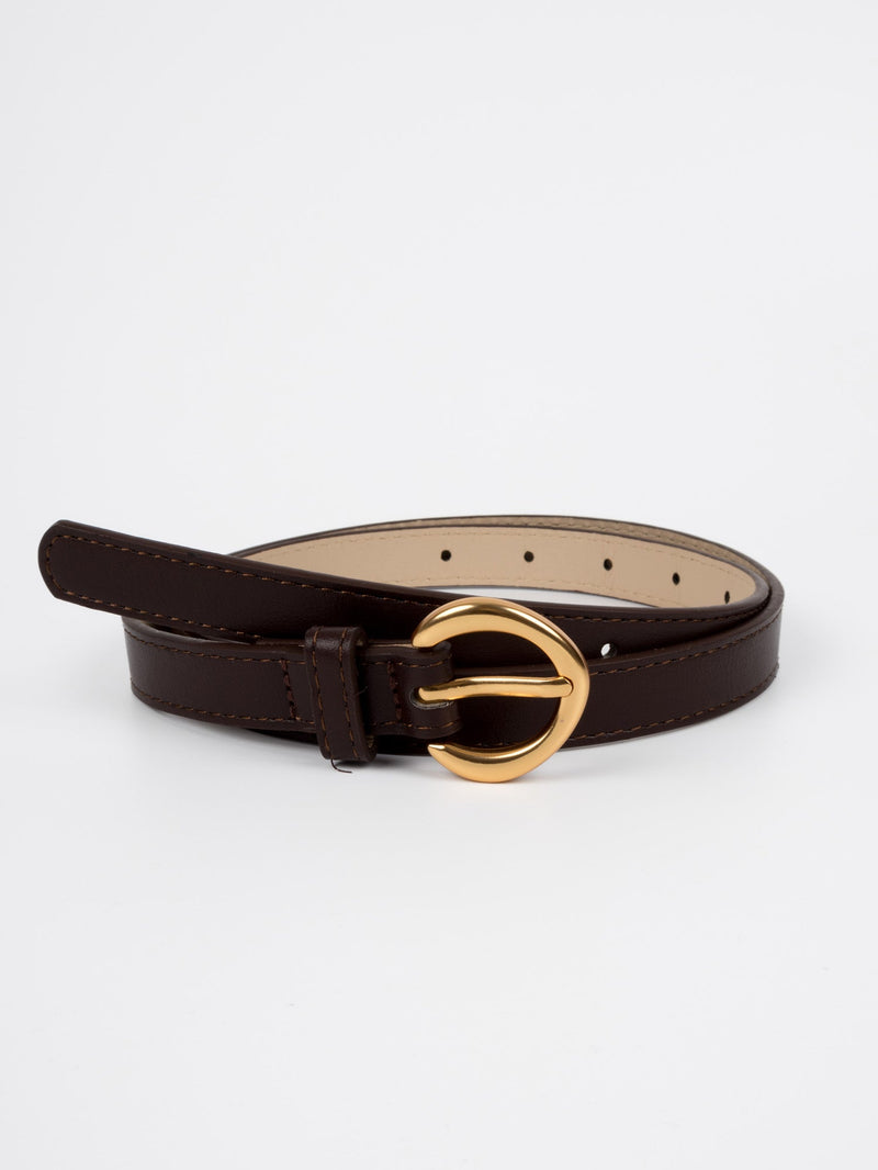 Vegan PU Leather Belt - Cannes - Classic Curved Buckle - Gold / Coffee - 106cm