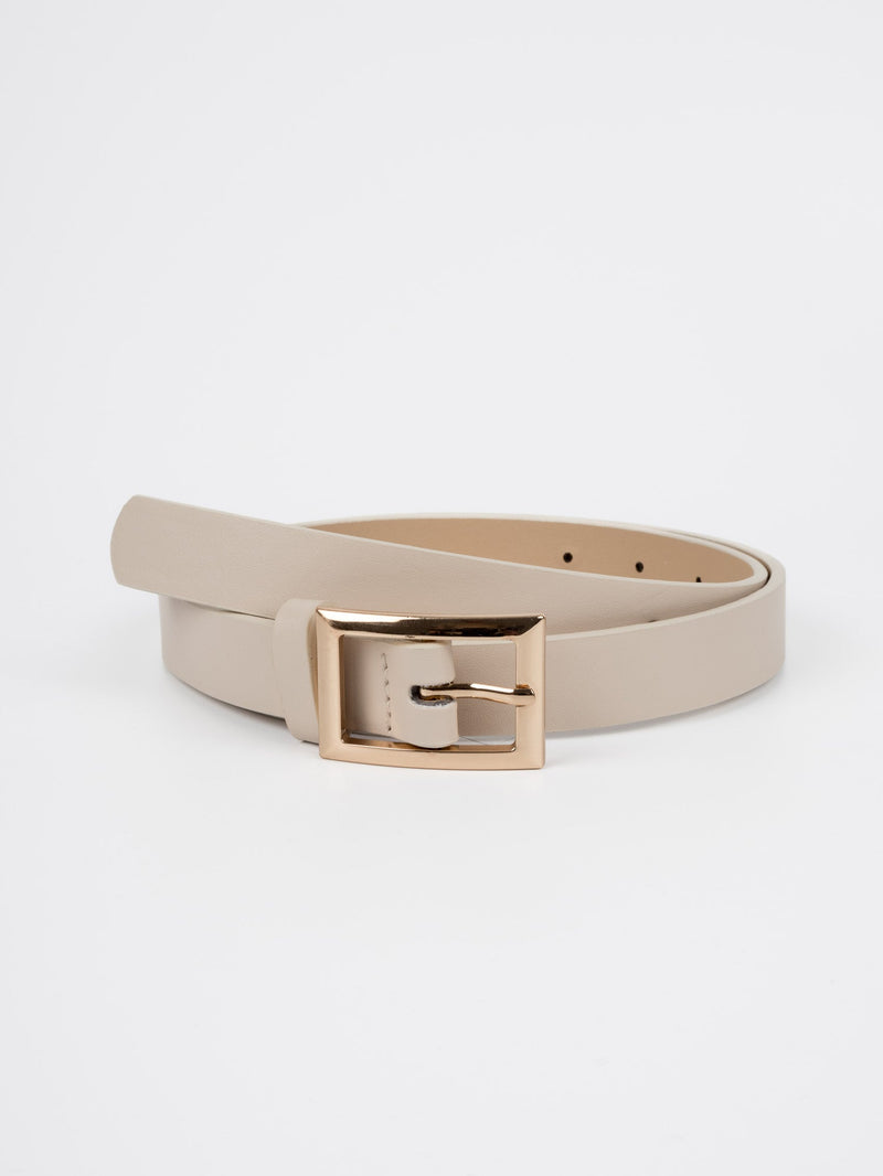 Vegan PU Leather Belt - Calais - Rectangle Buckle - Gold / Beige - 104cm