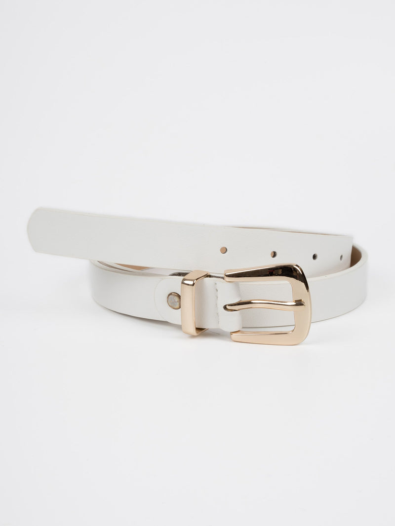 Vegan PU Leather Belt - Valence - Classic Square Buckle - Gold / White - 107cm