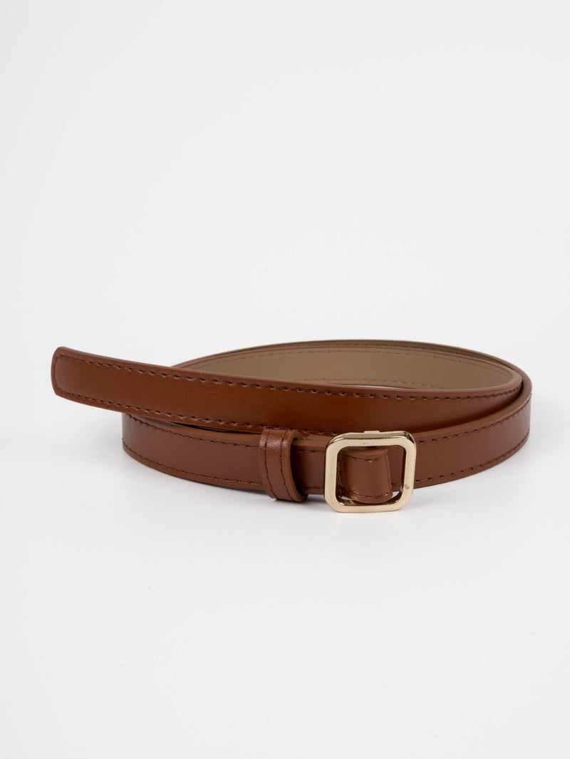 Vegan PU Leather Belt - Sarcelles - Small Square Buckle - Gold / Tan - 105cm