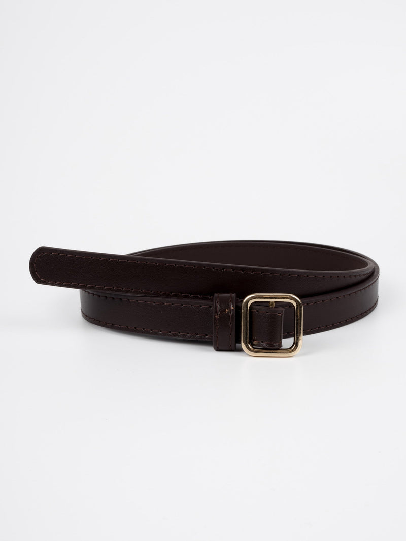 Vegan PU Leather Belt - Sarcelles - Small Square Buckle - Gold / Coffee - 105cm