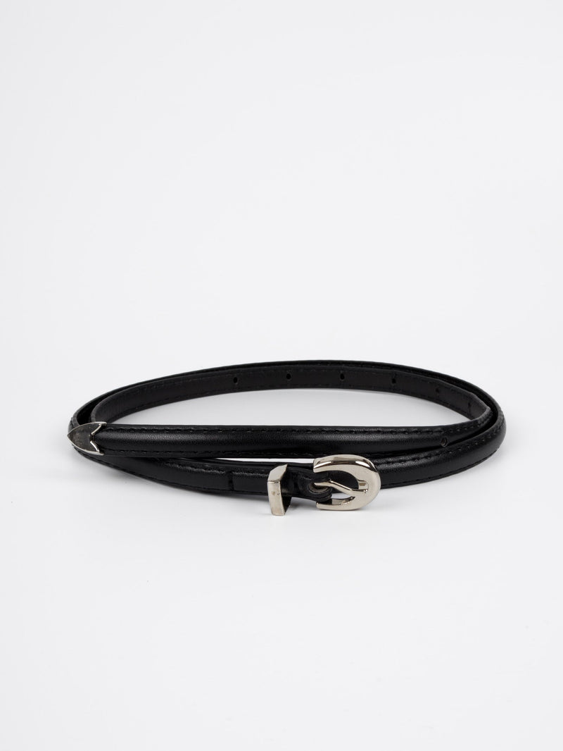 Vegan PU Leather Belt - Cholet - Classic Thin Buckle - Silver / Black - 104cm