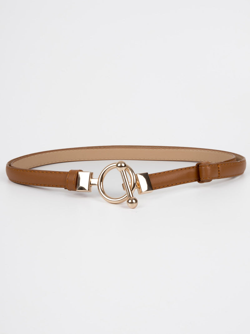 Vegan PU Leather Belt - Arles - Thin T-Bar Buckle - Gold / Tan - 103cm