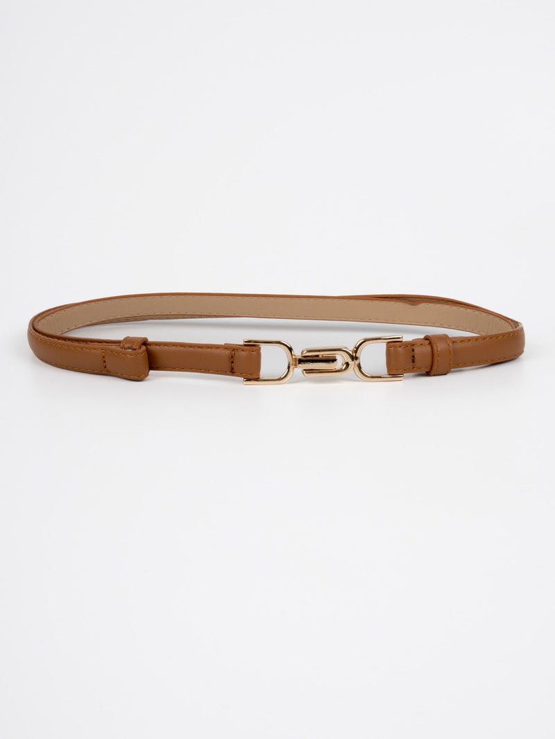 Vegan PU Leather Belt - Bayonne - Interlocking Buckle - Gold / Tan - 100cm