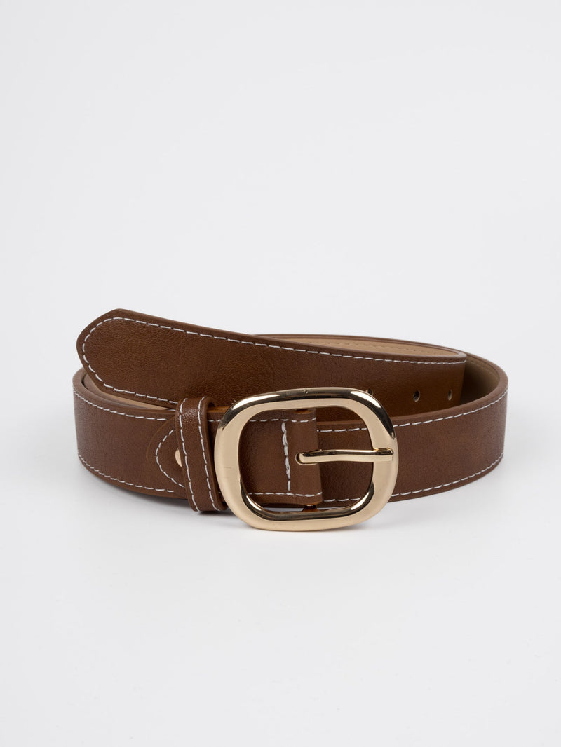 Vegan PU Leather Belt - Meudon - Slim Buckle - Gold / Tan - 105cm
