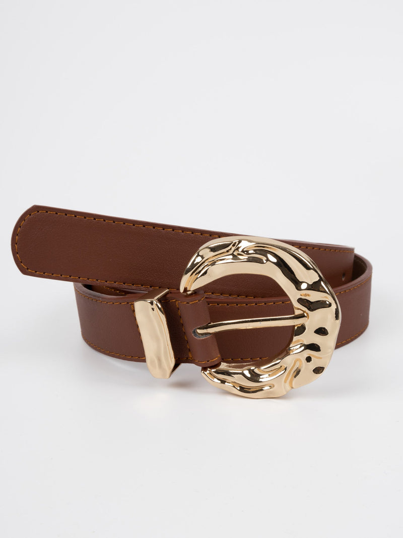 Vegan PU Leather Belt - Puteaux - Irregular Buckle - Gold / Tan - 106cm