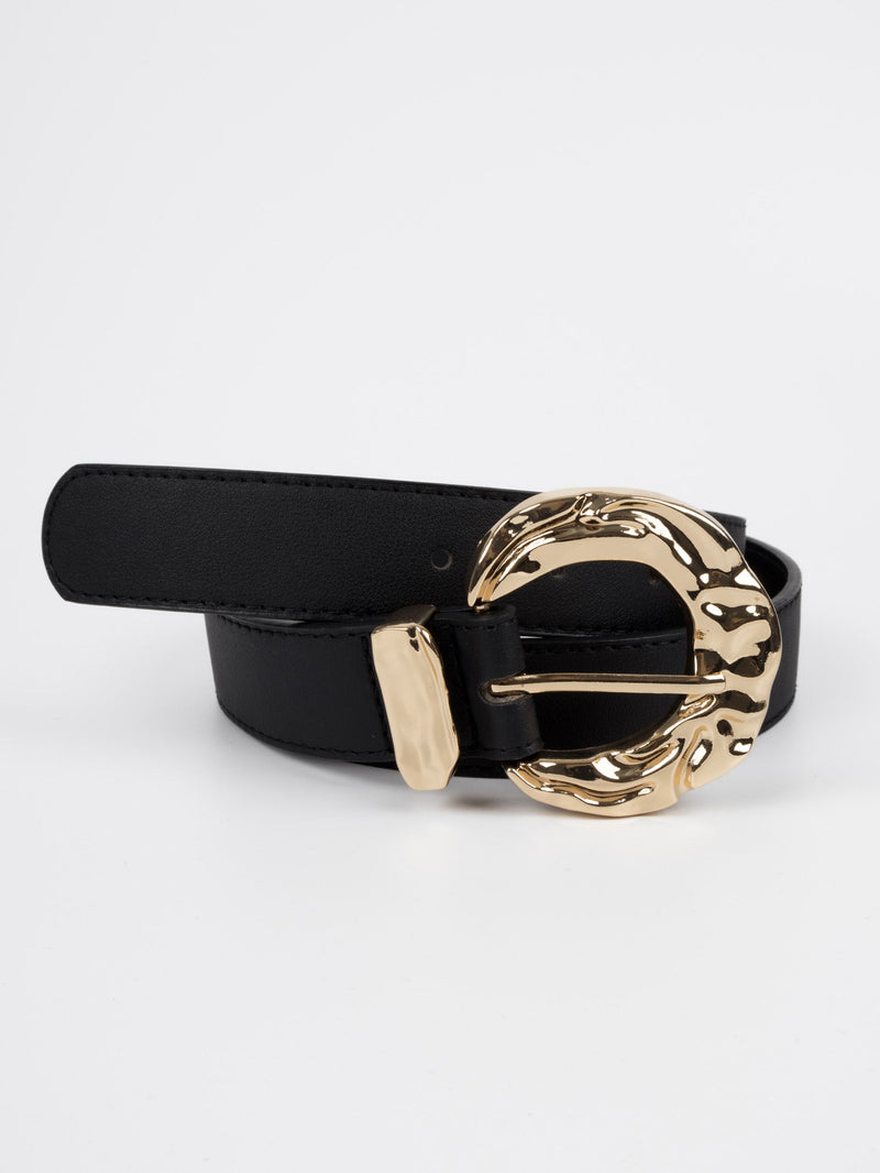 Vegan PU Leather Belt - Puteaux - Irregular Buckle - Gold / Black - 106cm