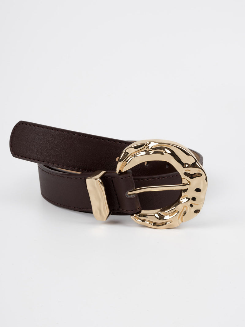 Vegan PU Leather Belt - Puteaux - Irregular Buckle - Gold / Coffee - 106cm