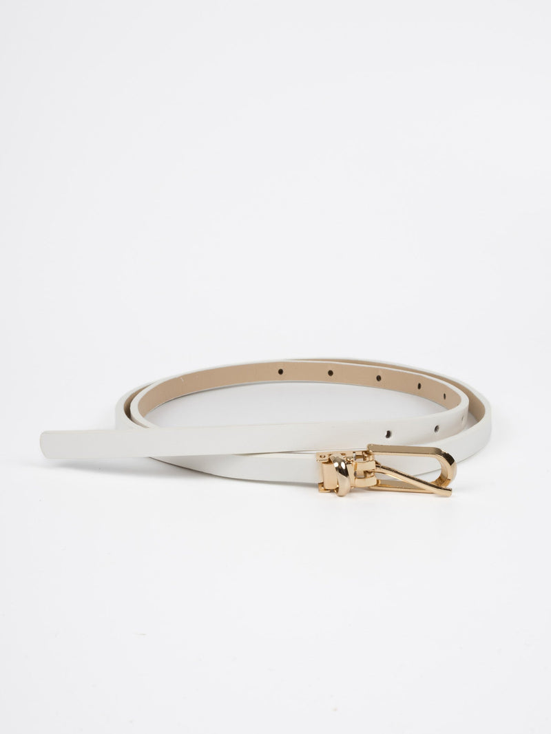 Vegan PU Leather Belt - Istres - Thin Classic Buckle - Gold / White - 105cm