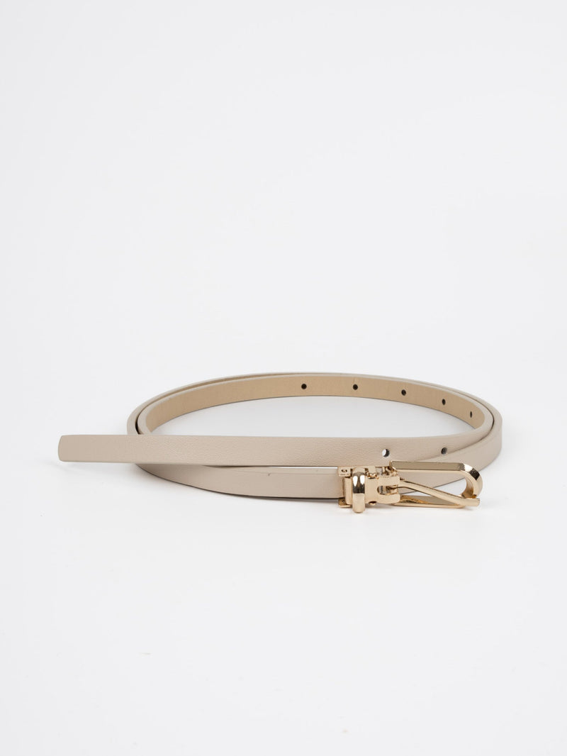 Vegan PU Leather Belt - Istres - Thin Classic Buckle - Gold / Beige - 105cm