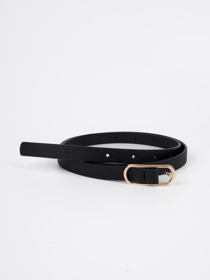Vegan PU Leather Belt - Arras - Narrow Oval Buckle - Gold / Black - 105cm