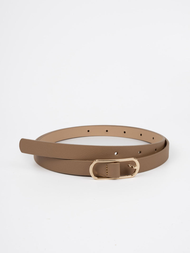 Vegan PU Leather Belt - Arras - Narrow Oval Buckle - Gold / Beige - 105cm