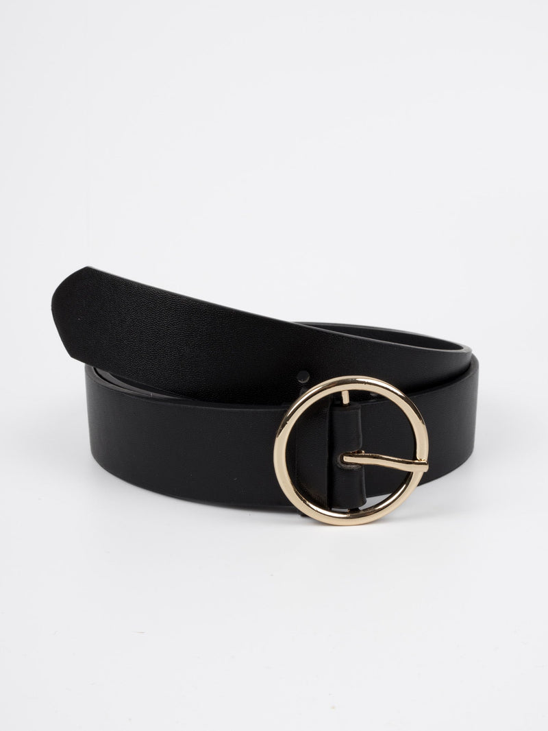 Vegan PU Leather Belt - Melun - Circular Buckle - Gold / Black - 105cm