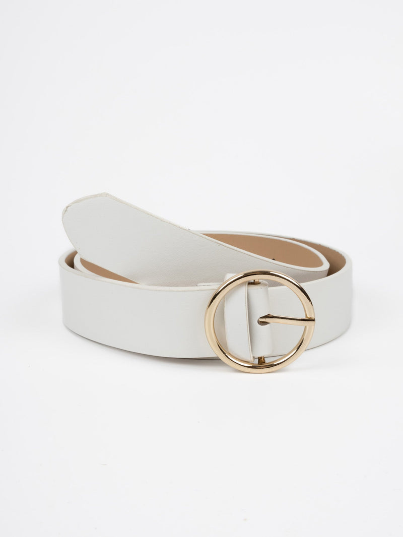 Vegan PU Leather Belt - Melun - Circular Buckle - Gold / White - 105cm