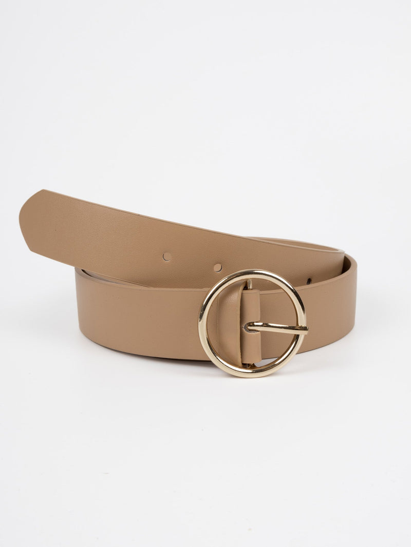 Vegan PU Leather Belt - Melun - Circular Buckle - Gold / Beige - 105cm